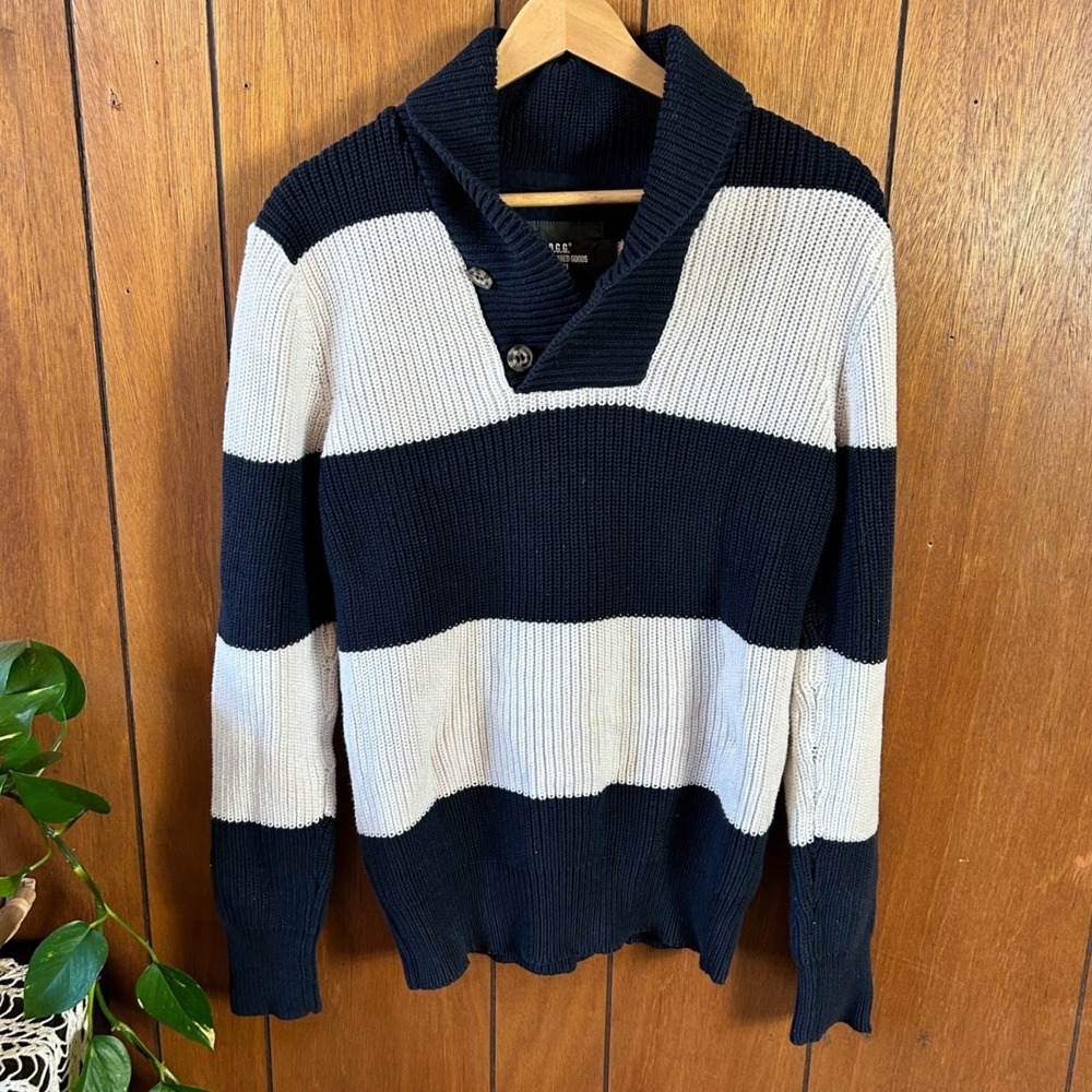 LOGG H&M 100% Cotton Mens‎ Striped Shawl Collar Pullover Sweater Heritage Preppy